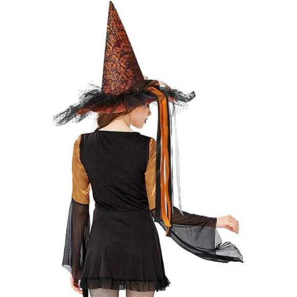 Women's Halloween Witch Hat with LED Lights, Black Yellow - Picture 2 of 7
